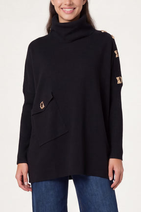 Square Hammered Button Cowl Neck Jumper