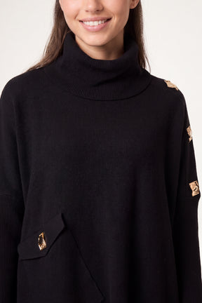 Square Hammered Button Cowl Neck Jumper