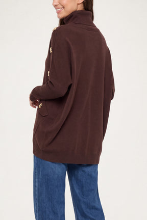 Square Hammered Button Cowl Neck Jumper