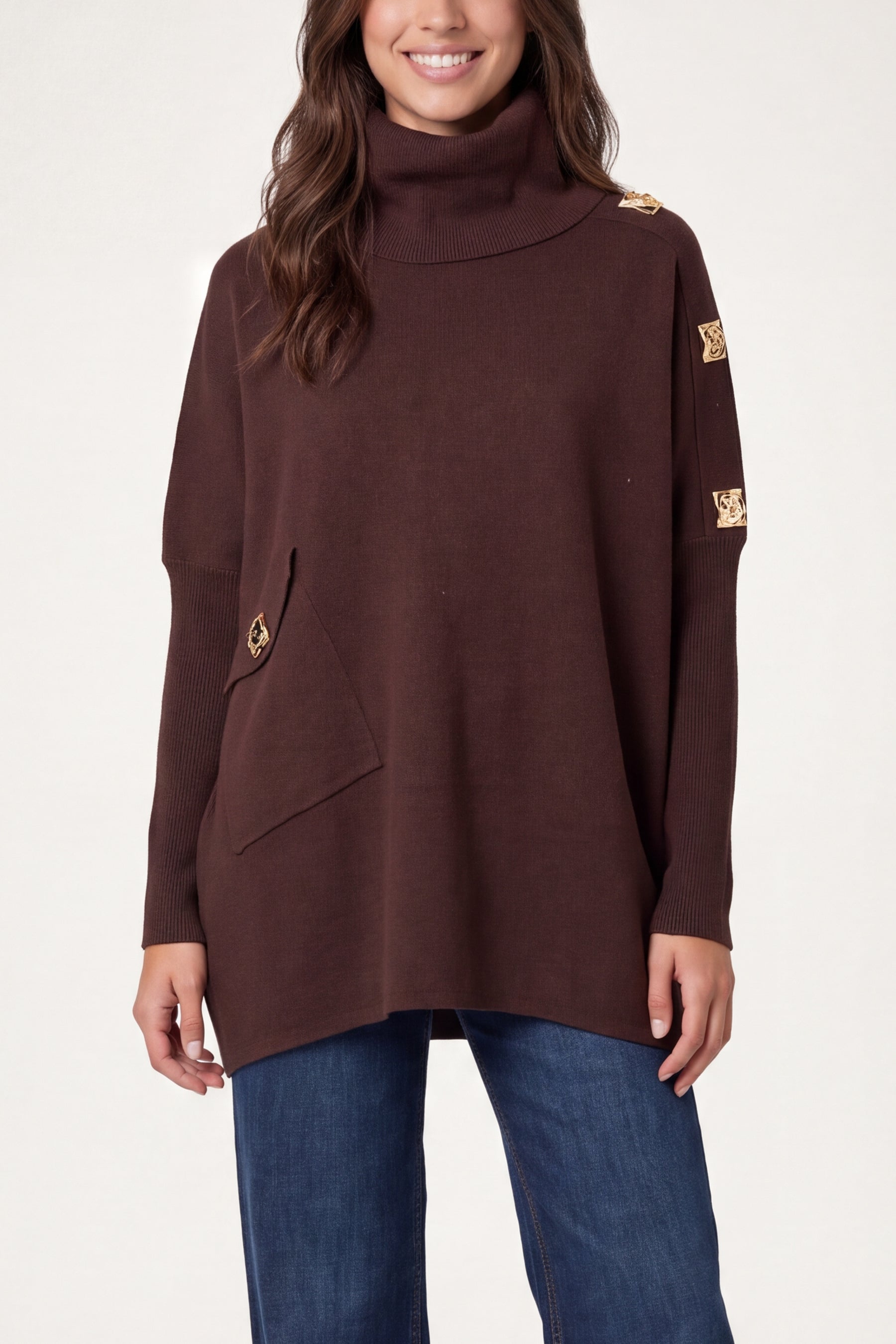 Square Hammered Button Cowl Neck Jumper