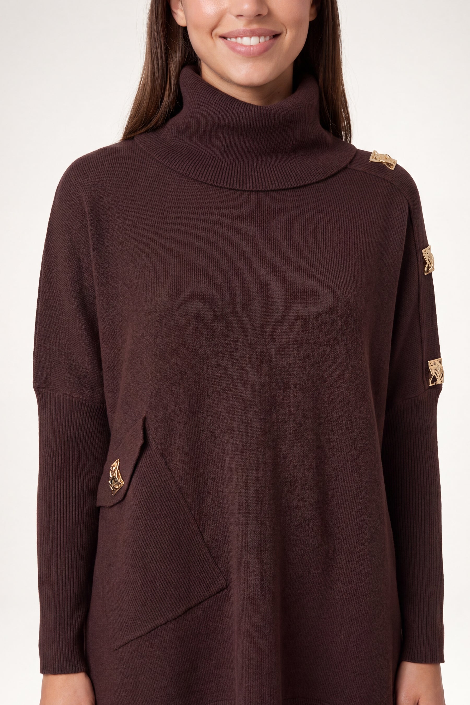 Square Hammered Button Cowl Neck Jumper