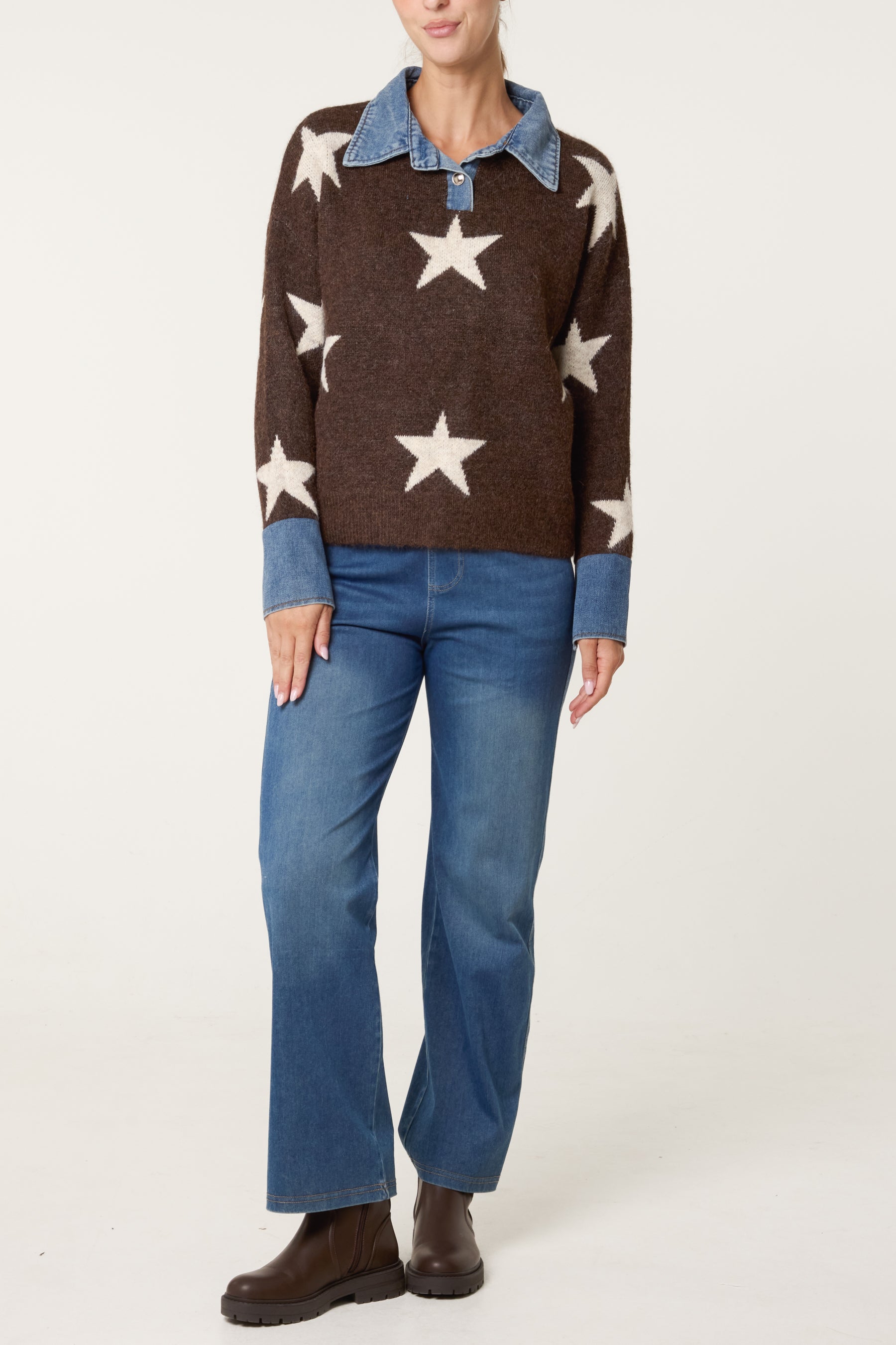 Denim Collar Star Knit Jumper
