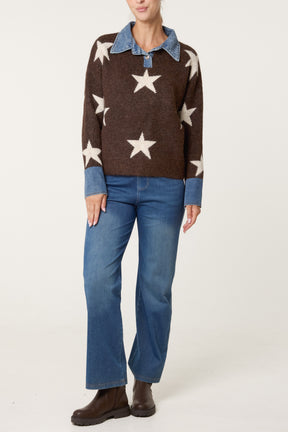 Denim Collar Star Knit Jumper