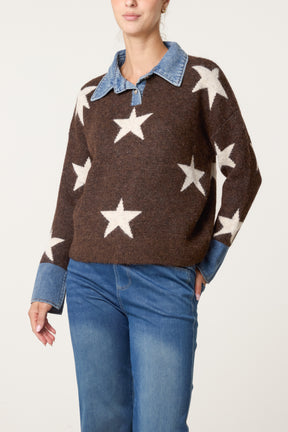 Denim Collar Star Knit Jumper