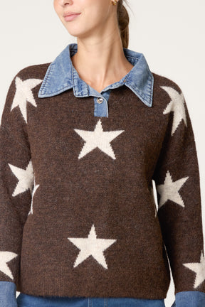 Denim Collar Star Knit Jumper
