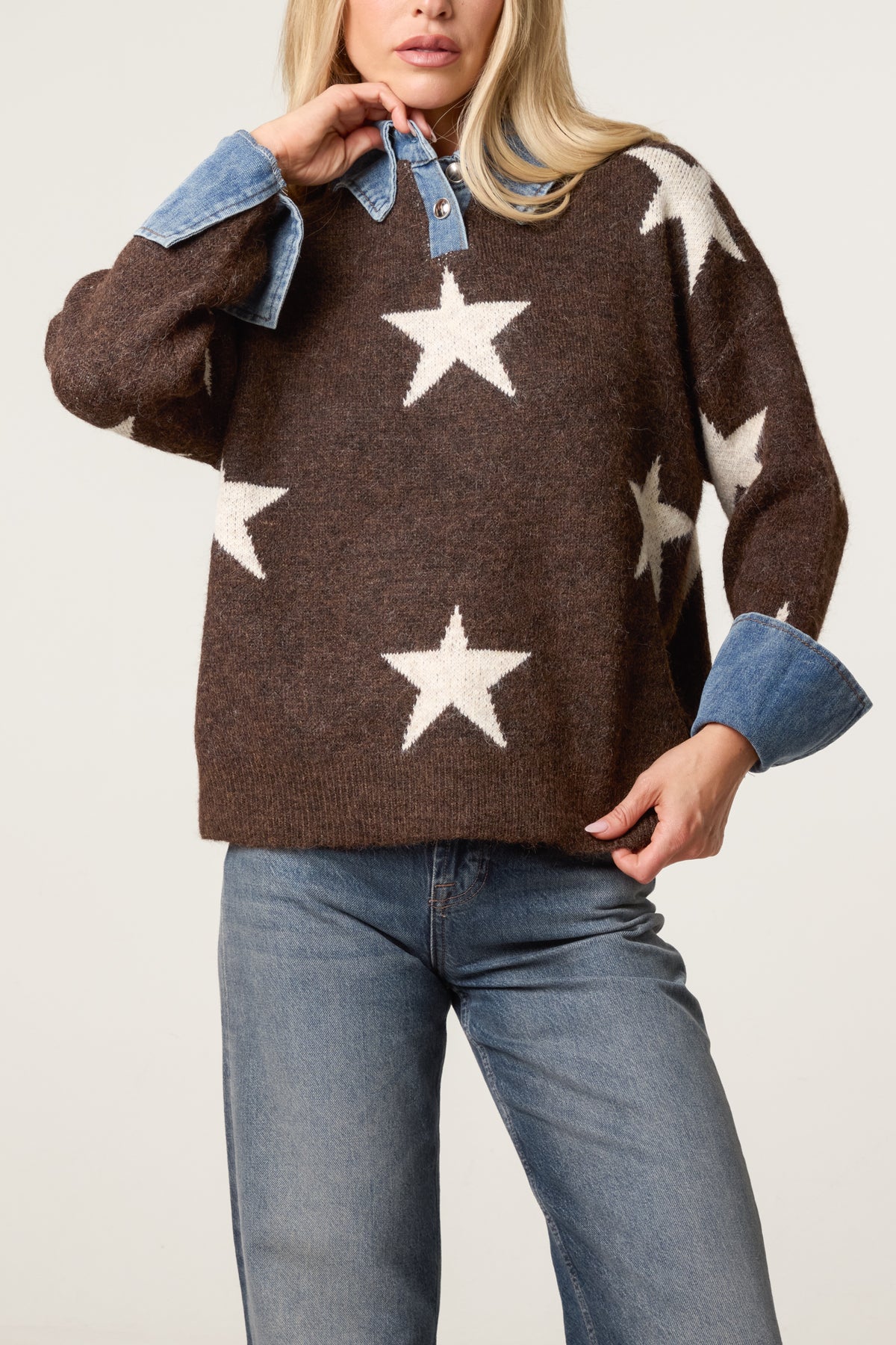 Denim Collar Star Knit Jumper
