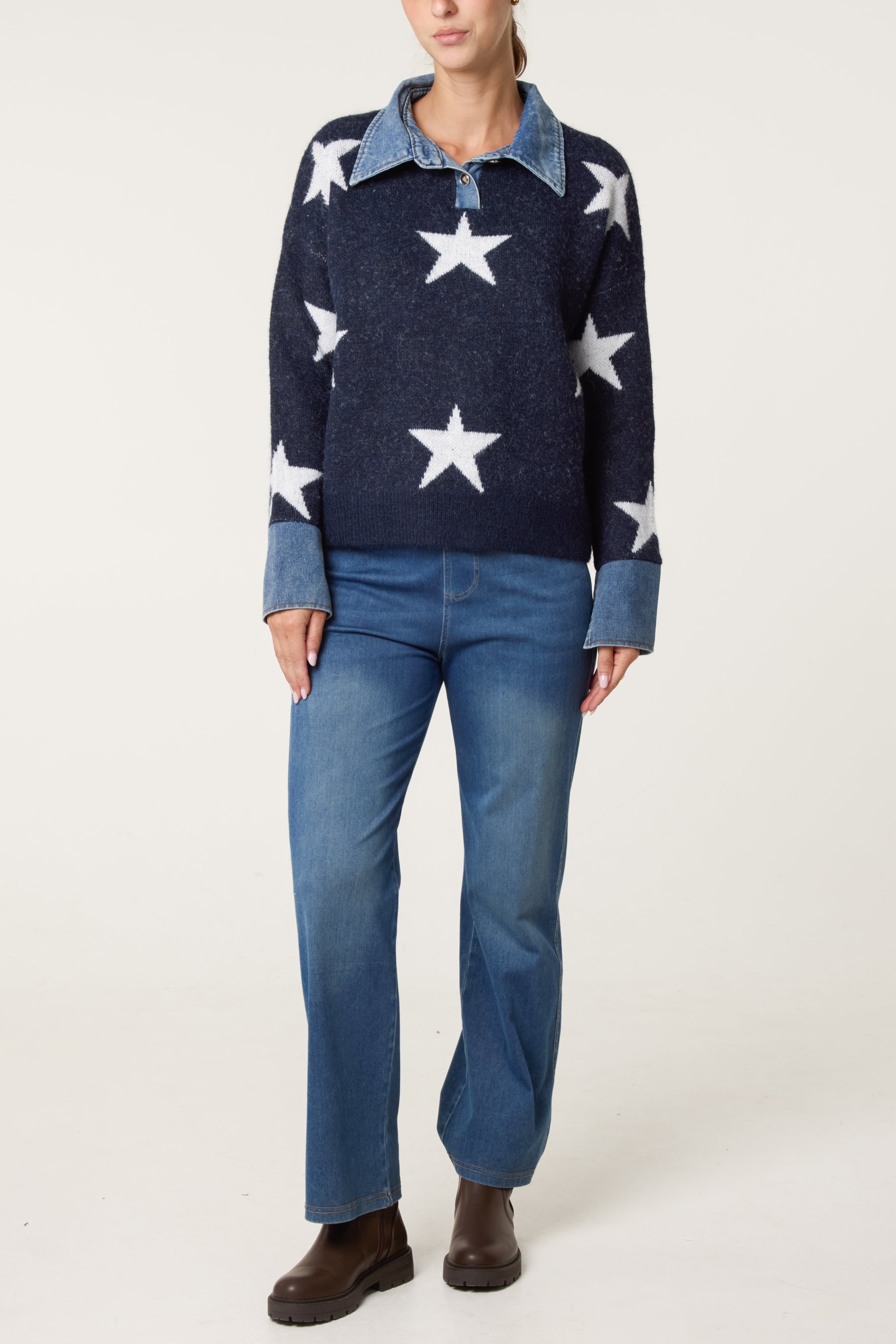 Denim Collar Star Knit Jumper