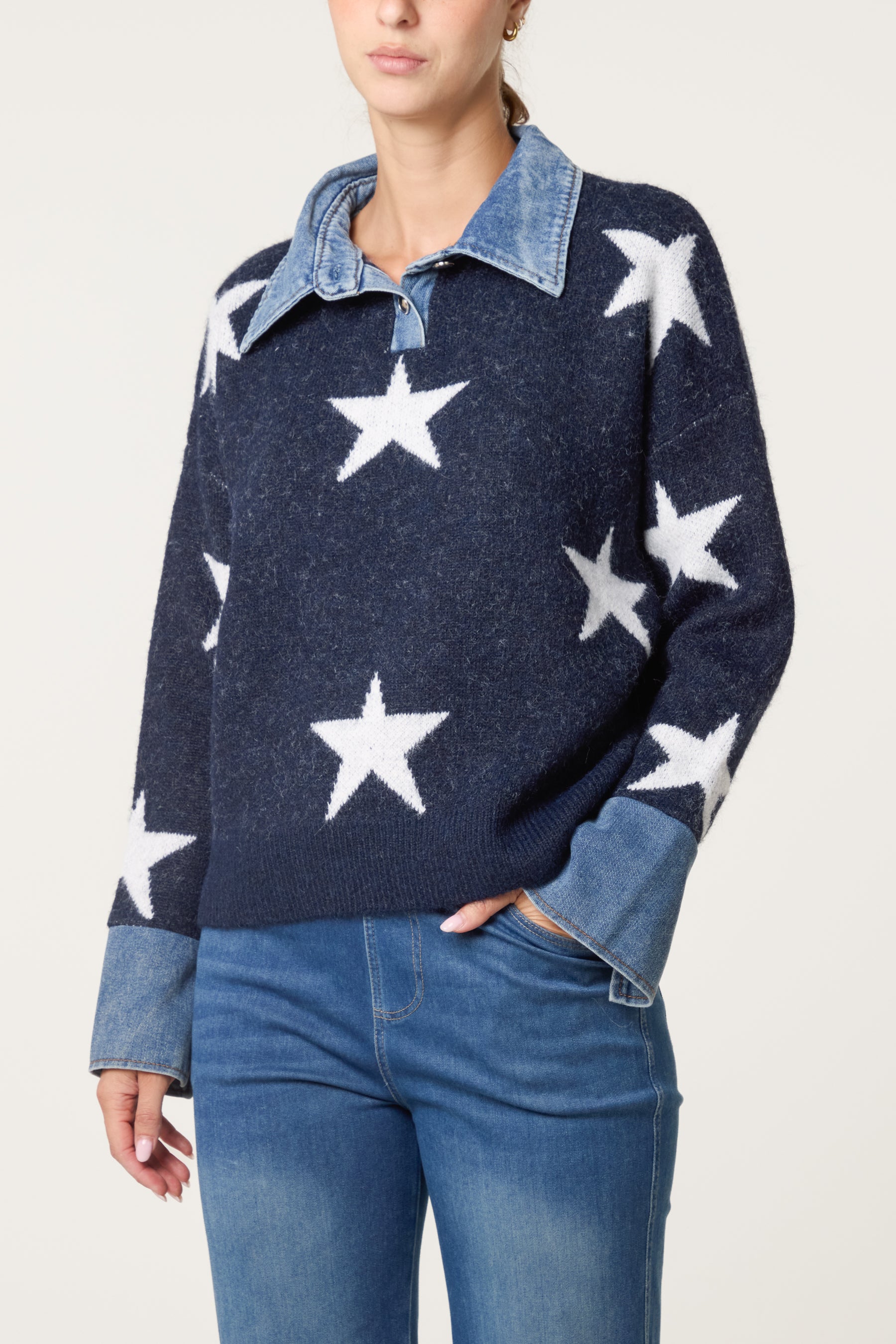 Denim Collar Star Knit Jumper