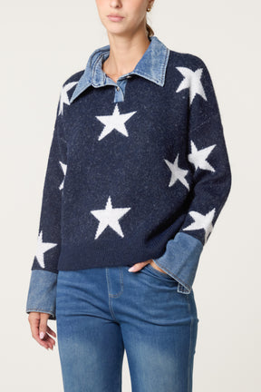 Denim Collar Star Knit Jumper