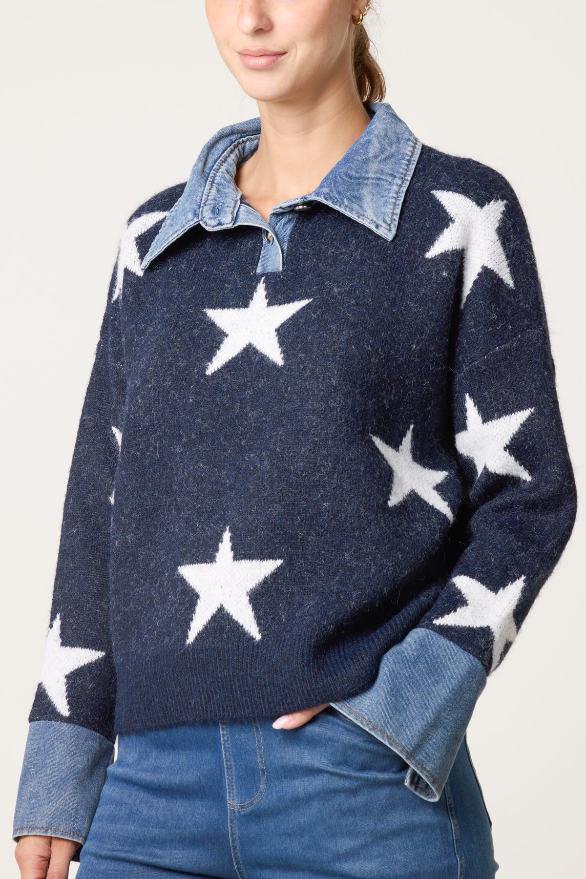 Denim Collar Star Knit Jumper