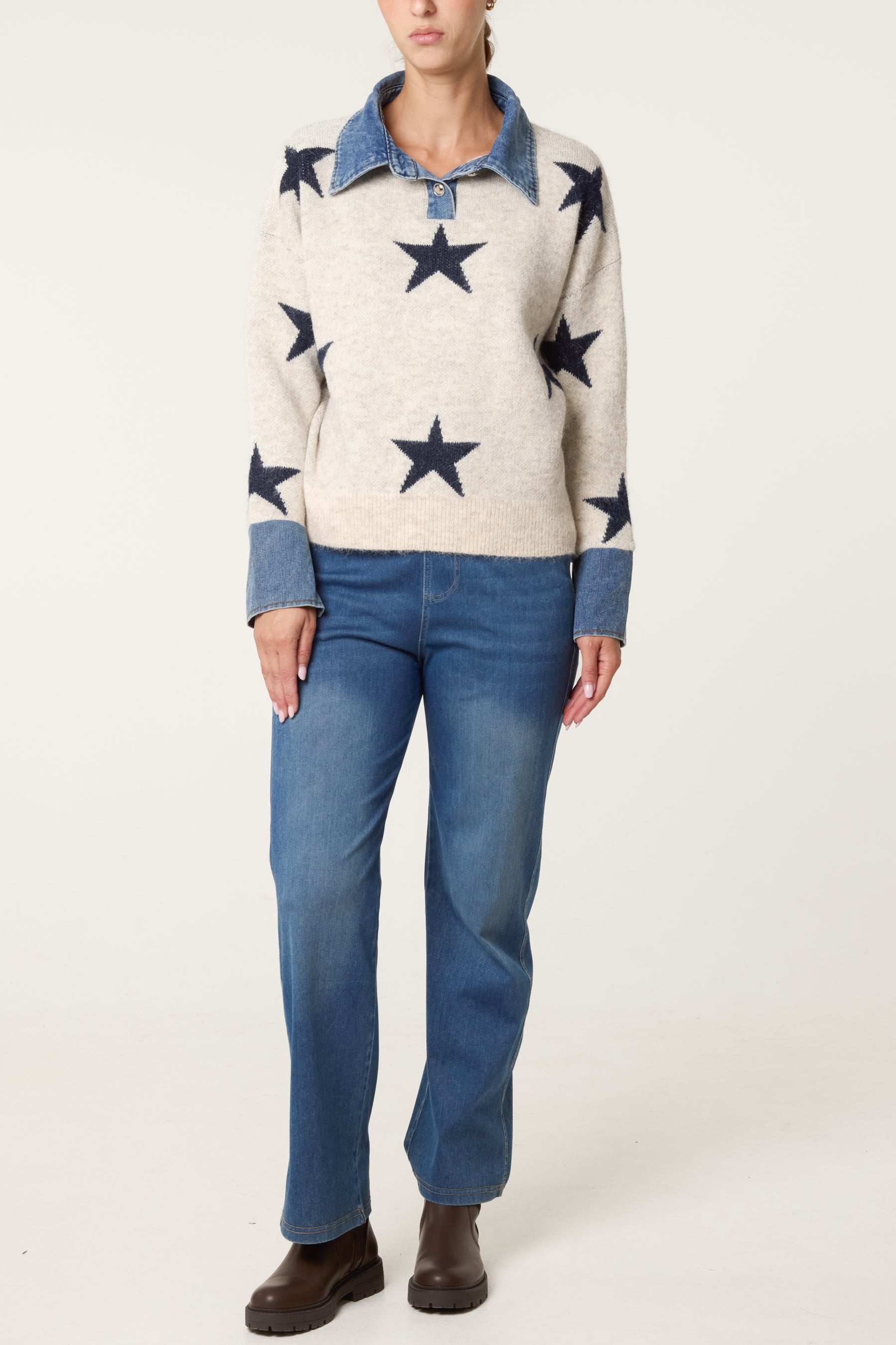 Denim Collar Star Knit Jumper