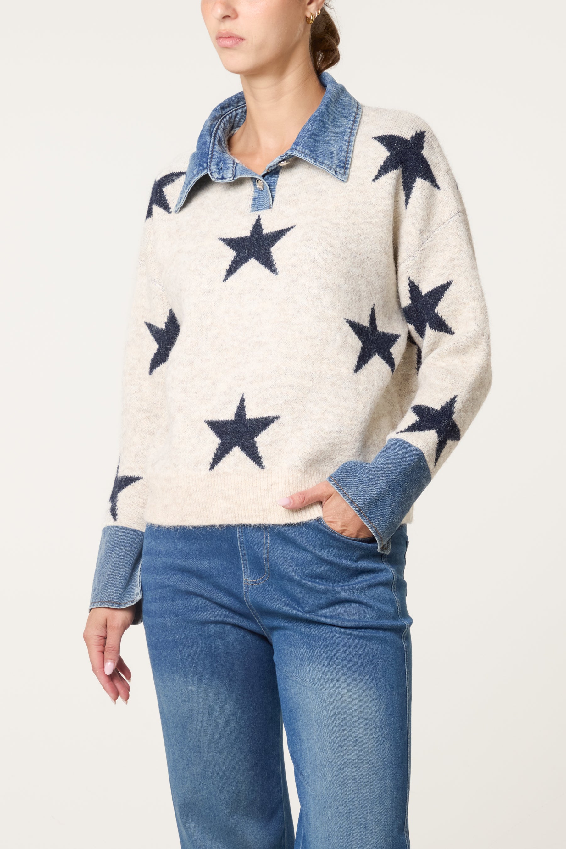Denim Collar Star Knit Jumper