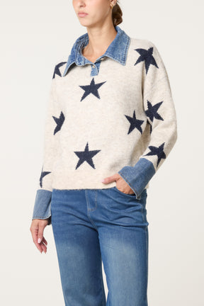 Denim Collar Star Knit Jumper
