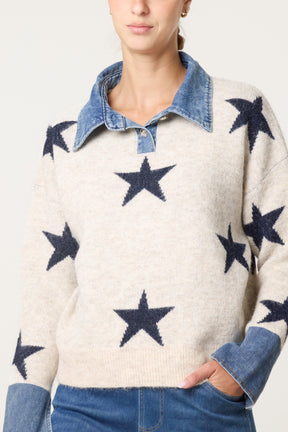 Denim Collar Star Knit Jumper