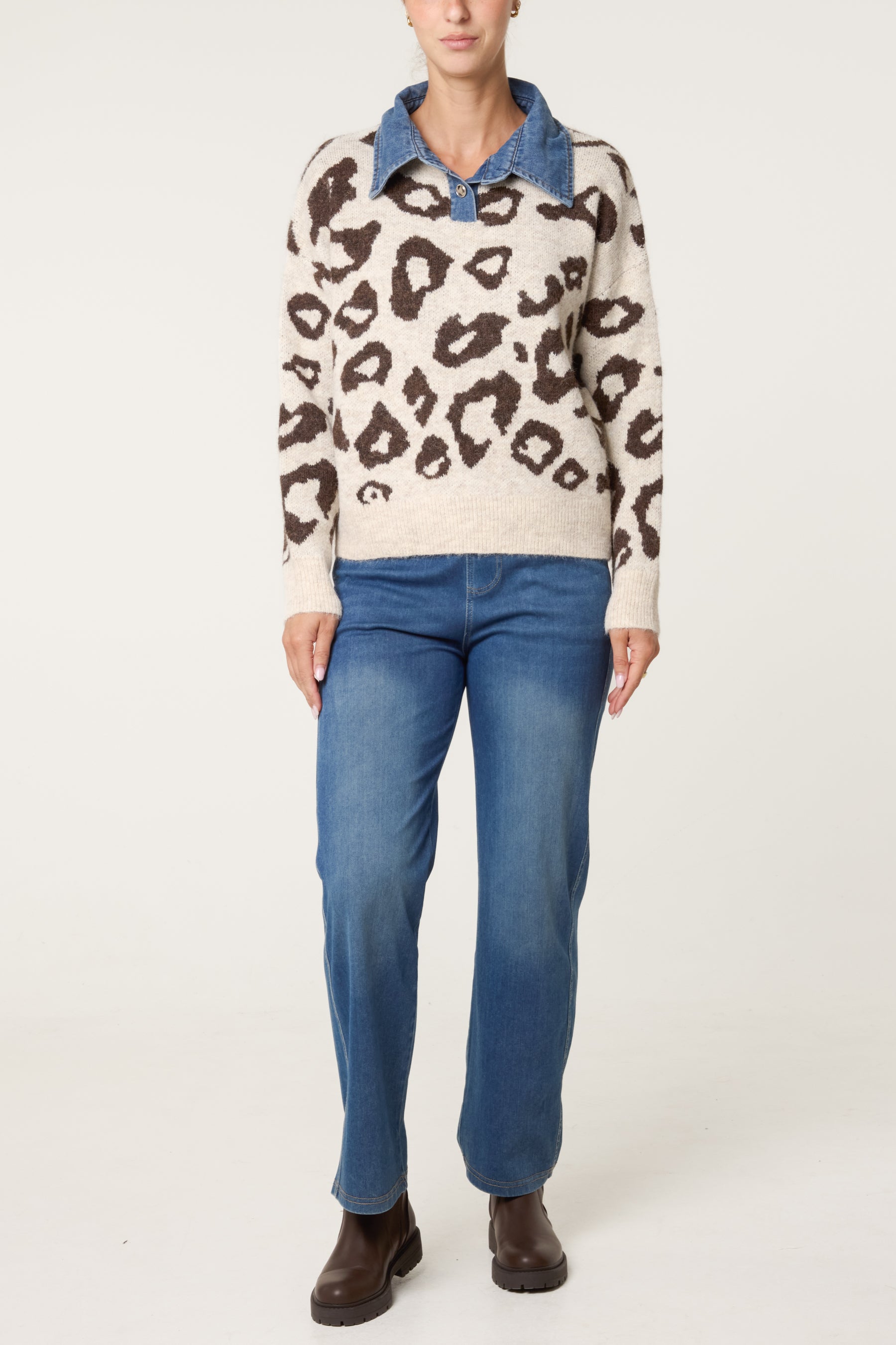 Denim Collar Animal Knit Jumper