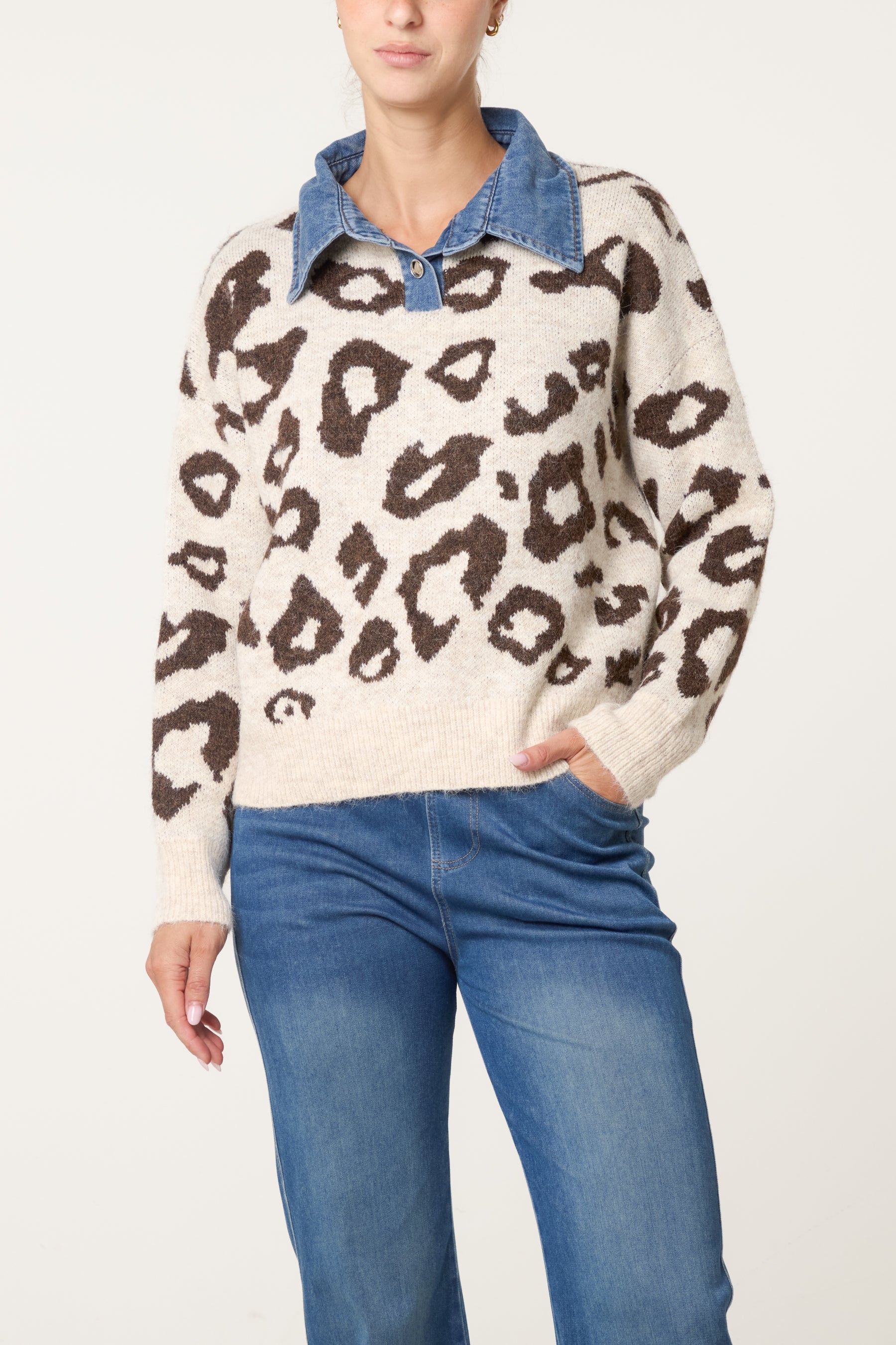 Denim Collar Animal Knit Jumper
