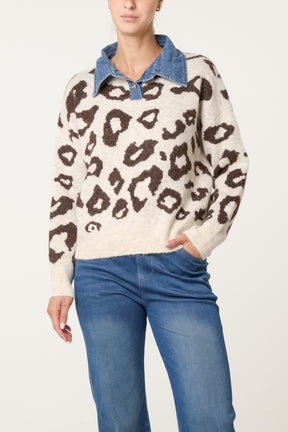 Denim Collar Animal Knit Jumper