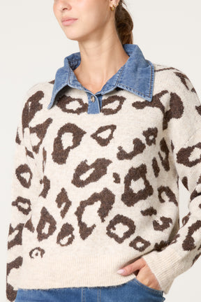 Denim Collar Animal Knit Jumper