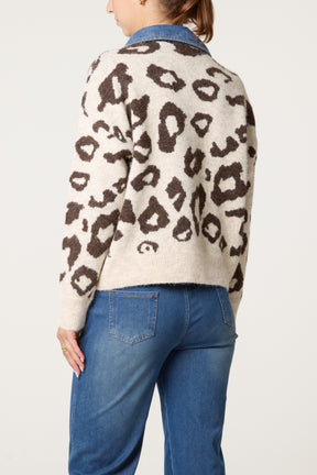 Denim Collar Animal Knit Jumper