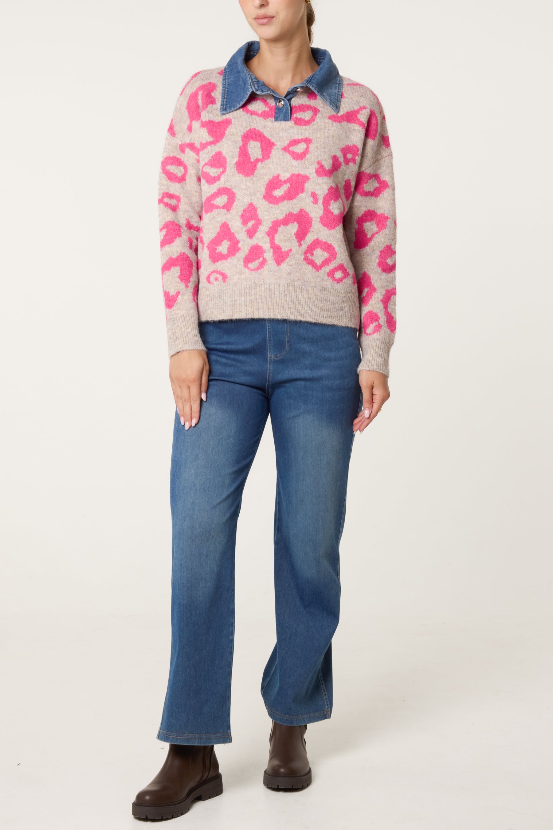 Denim Collar Animal Knit Jumper