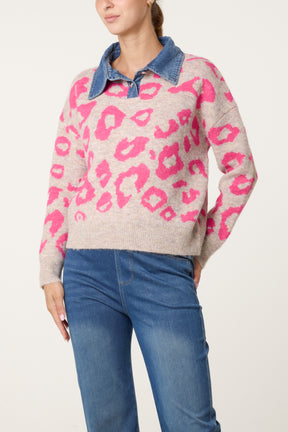 Denim Collar Animal Knit Jumper