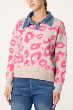 Denim Collar Animal Knit Jumper