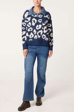Denim Collar Animal Knit Jumper