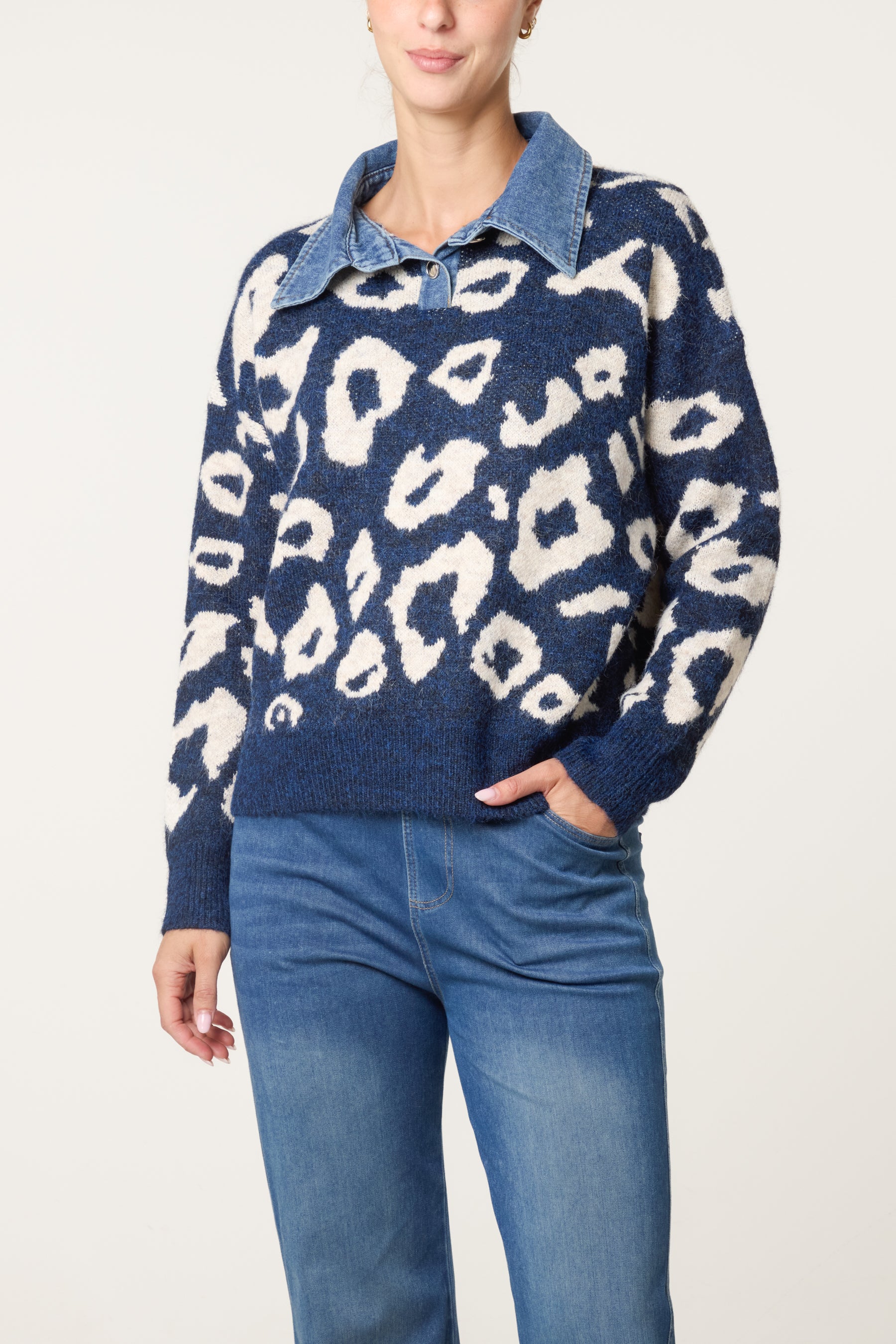 Denim Collar Animal Knit Jumper