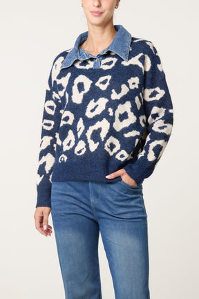 Denim Collar Animal Knit Jumper