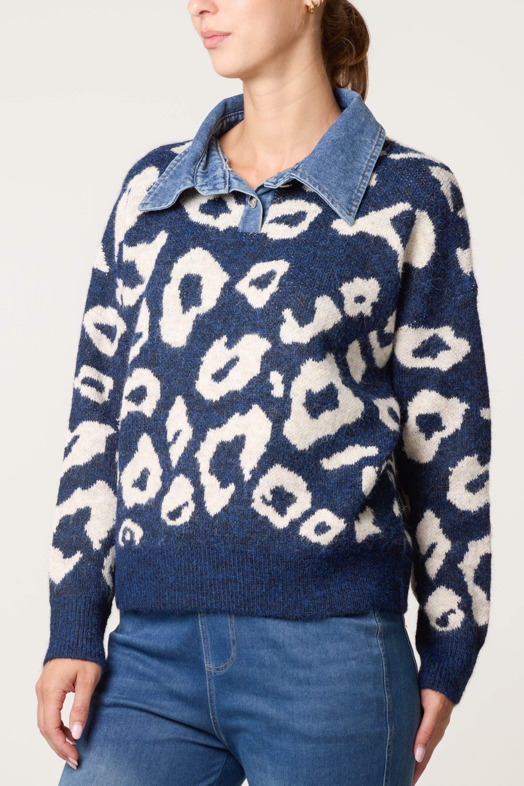 Denim Collar Animal Knit Jumper