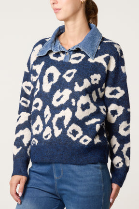 Denim Collar Animal Knit Jumper