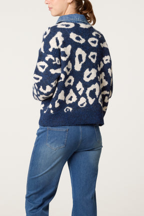 Denim Collar Animal Knit Jumper