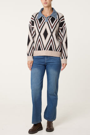 Denim Collar Geometric Knit Jumper