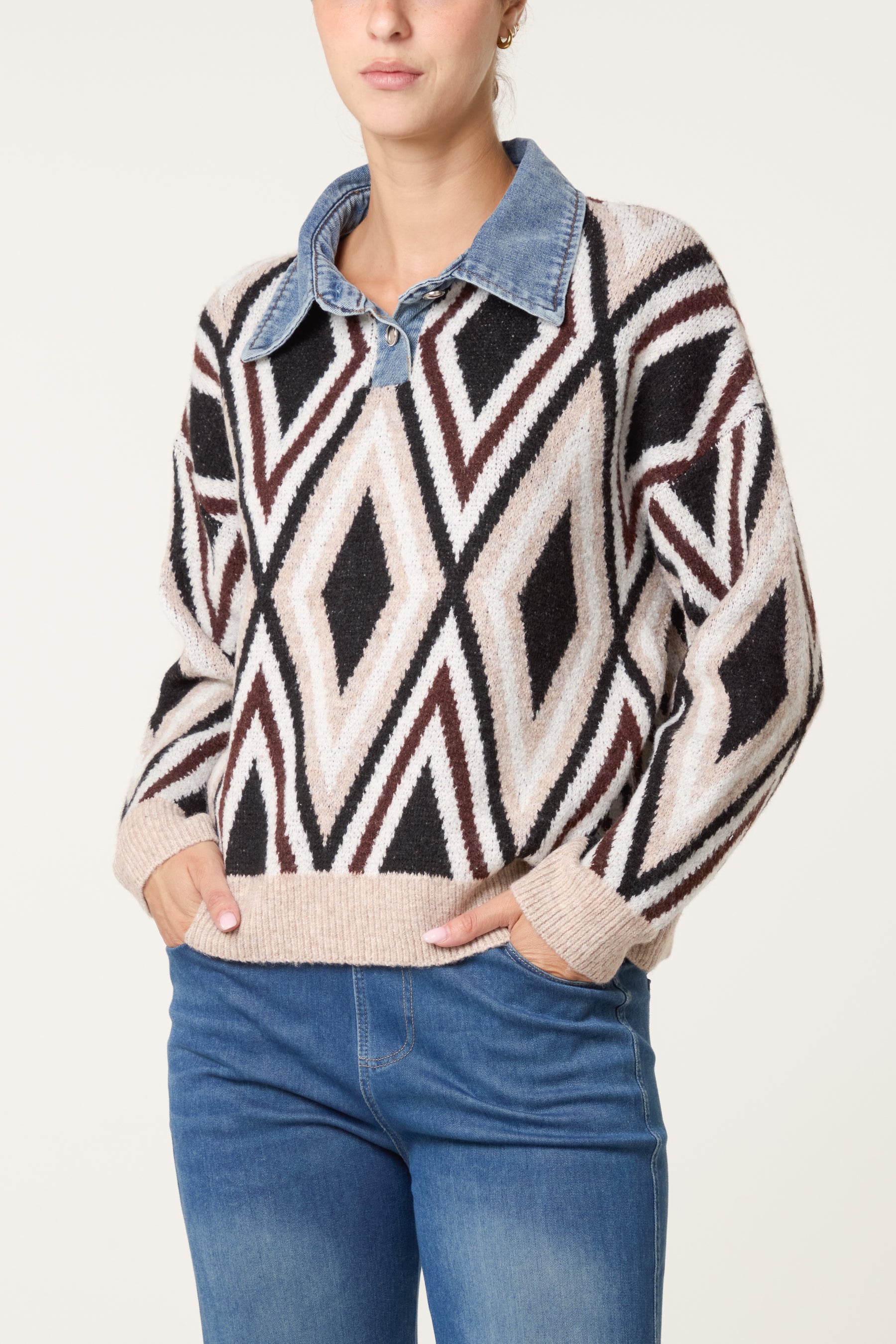 Denim Collar Geometric Knit Jumper