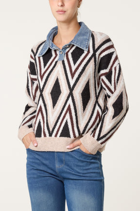 Denim Collar Geometric Knit Jumper