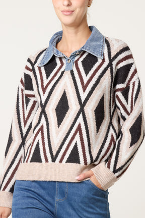 Denim Collar Geometric Knit Jumper