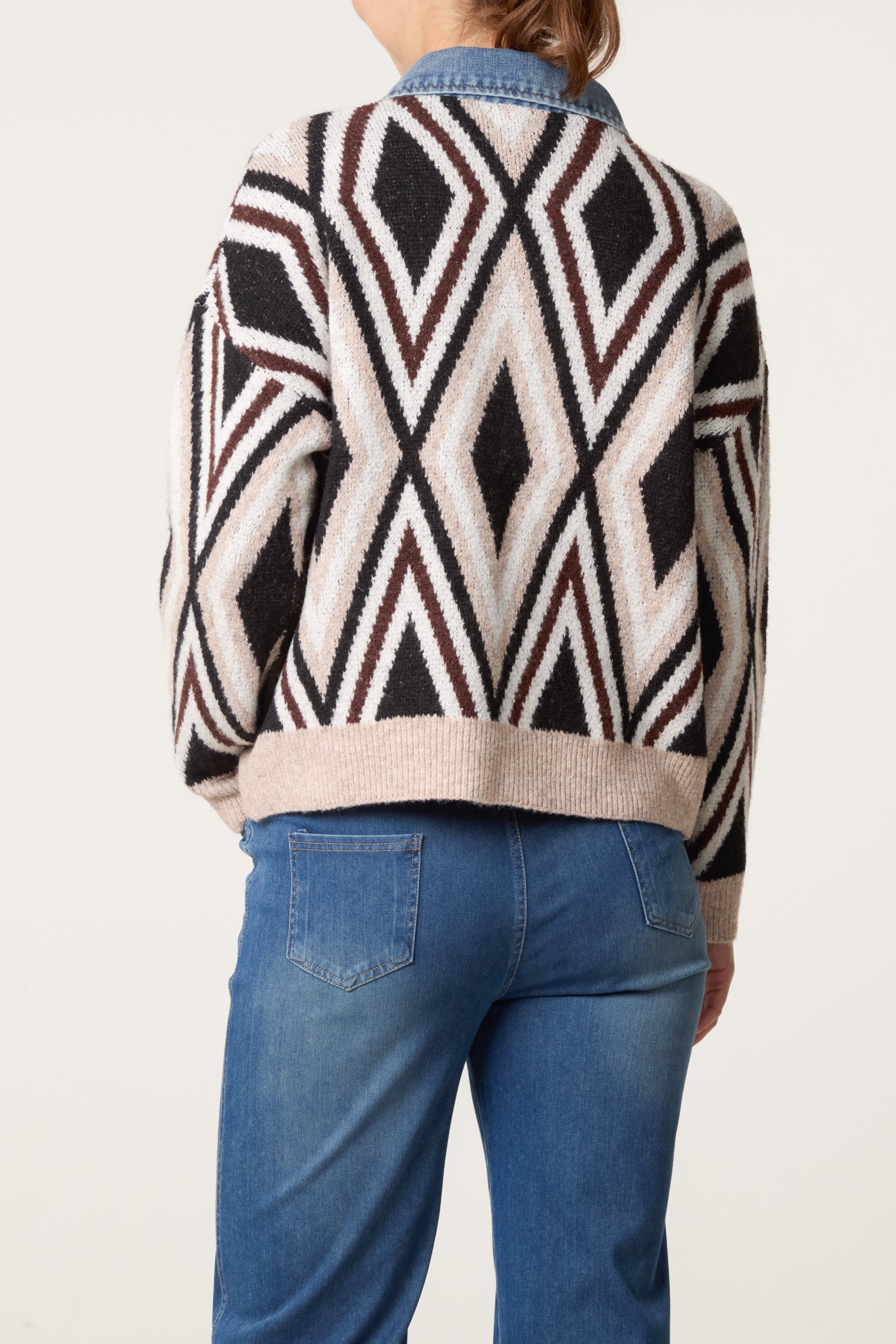 Denim Collar Geometric Knit Jumper