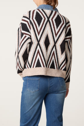 Denim Collar Geometric Knit Jumper