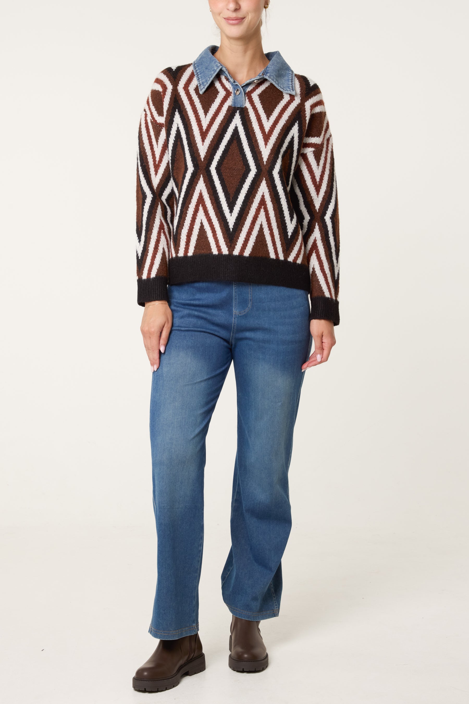 Denim Collar Geometric Knit Jumper