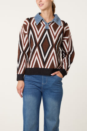 Denim Collar Geometric Knit Jumper