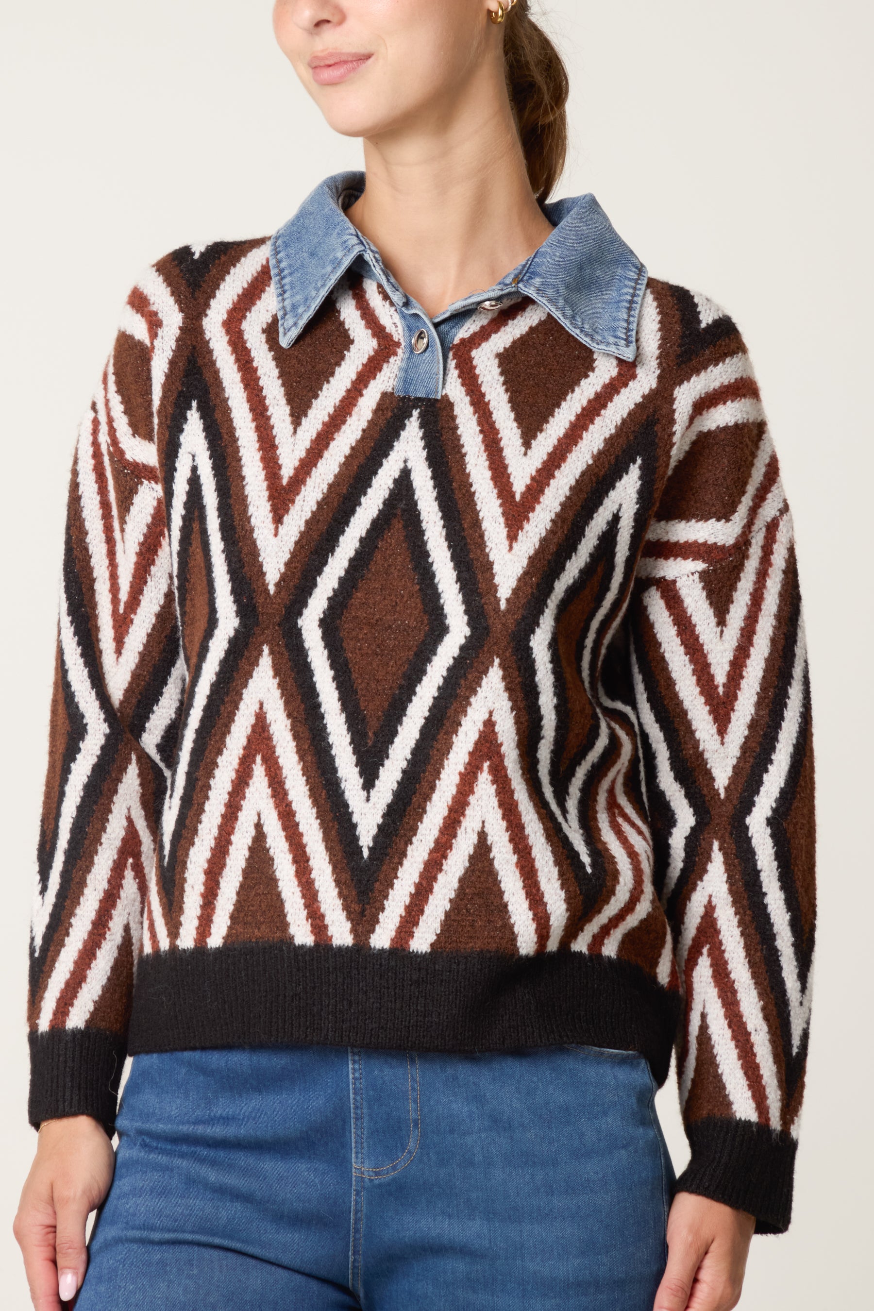 Denim Collar Geometric Knit Jumper