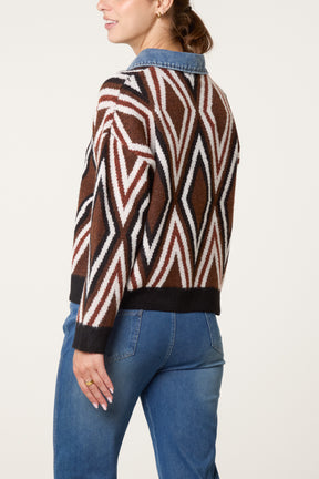 Denim Collar Geometric Knit Jumper