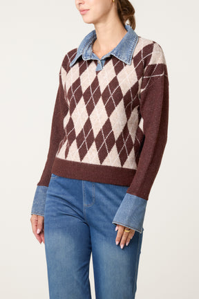 Argyle Denim Trim Knit Jumper
