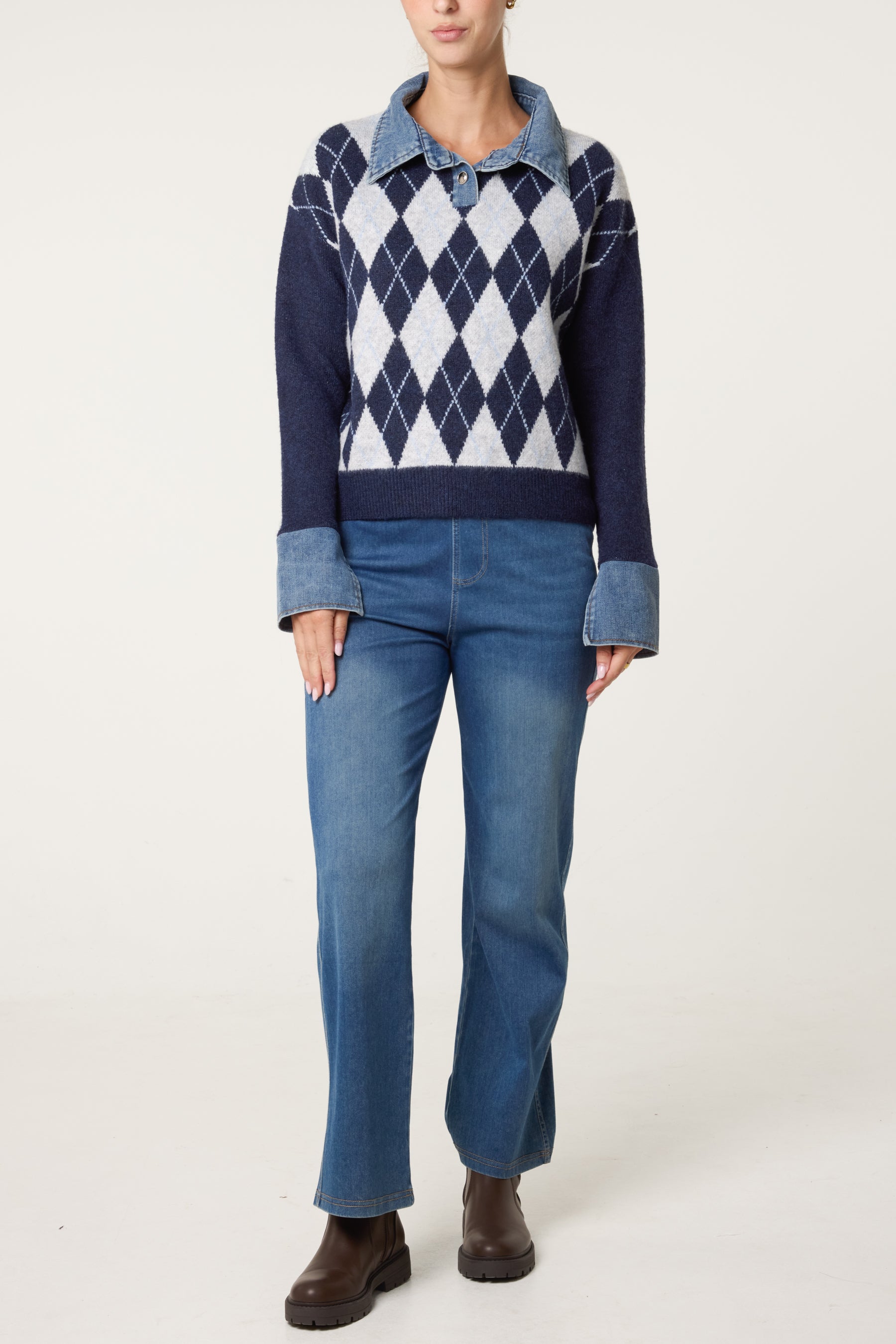 Argyle Denim Trim Knit Jumper