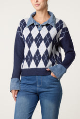 Argyle Denim Trim Knit Jumper
