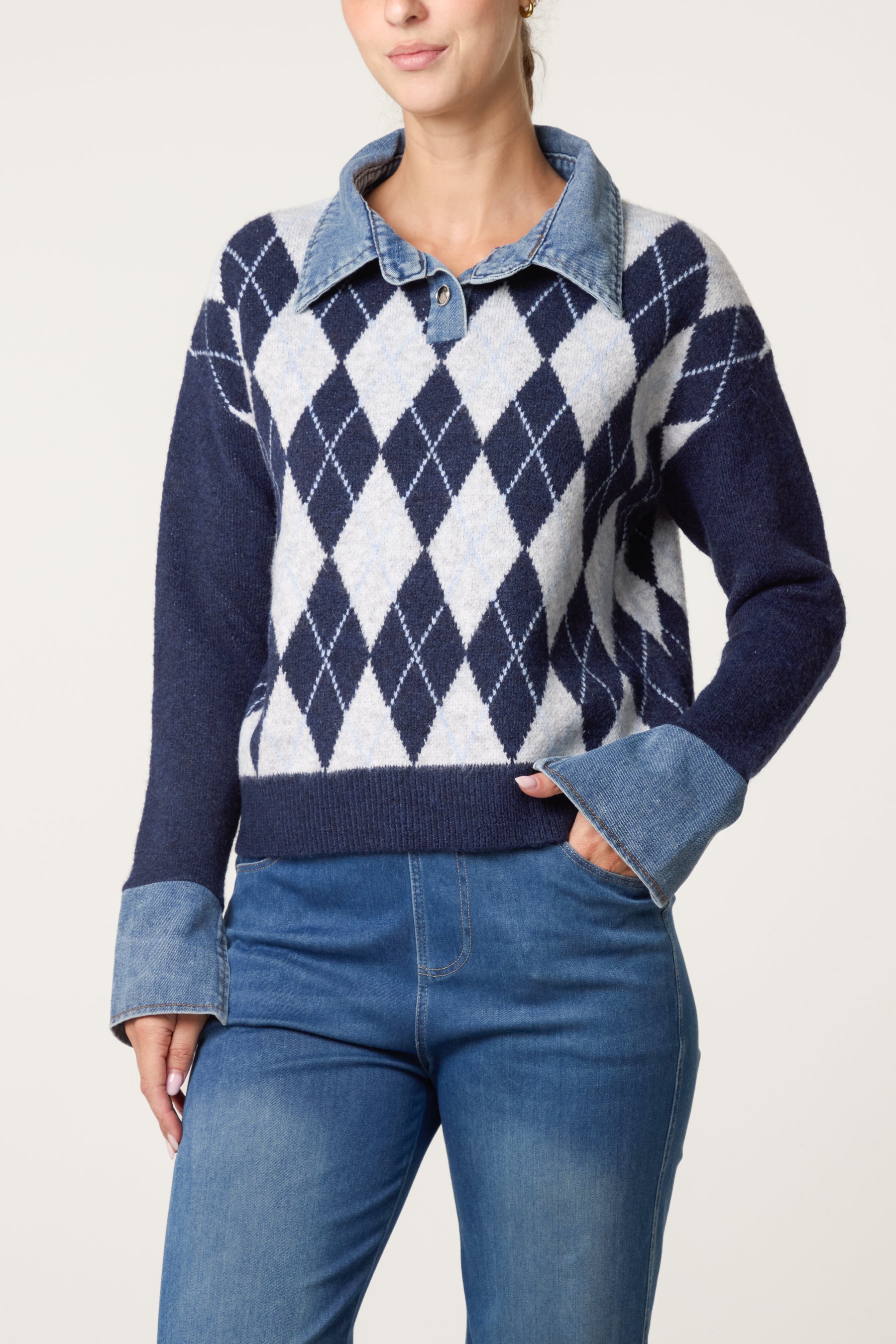 Argyle Denim Trim Knit Jumper