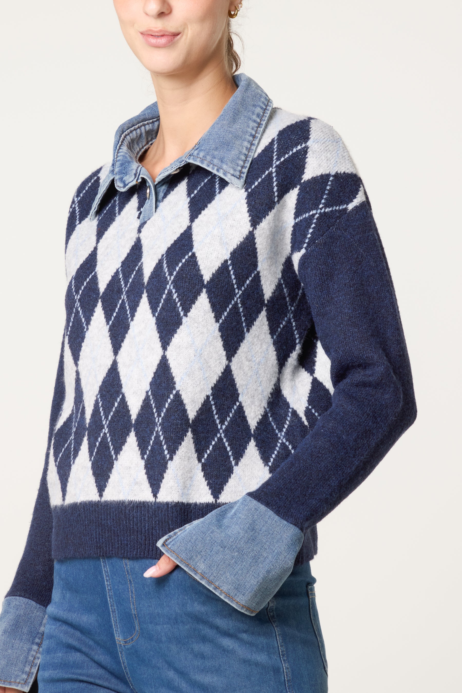 Argyle Denim Trim Knit Jumper