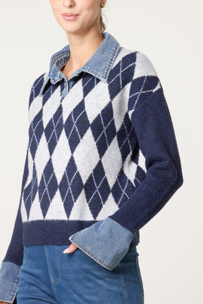 Argyle Denim Trim Knit Jumper