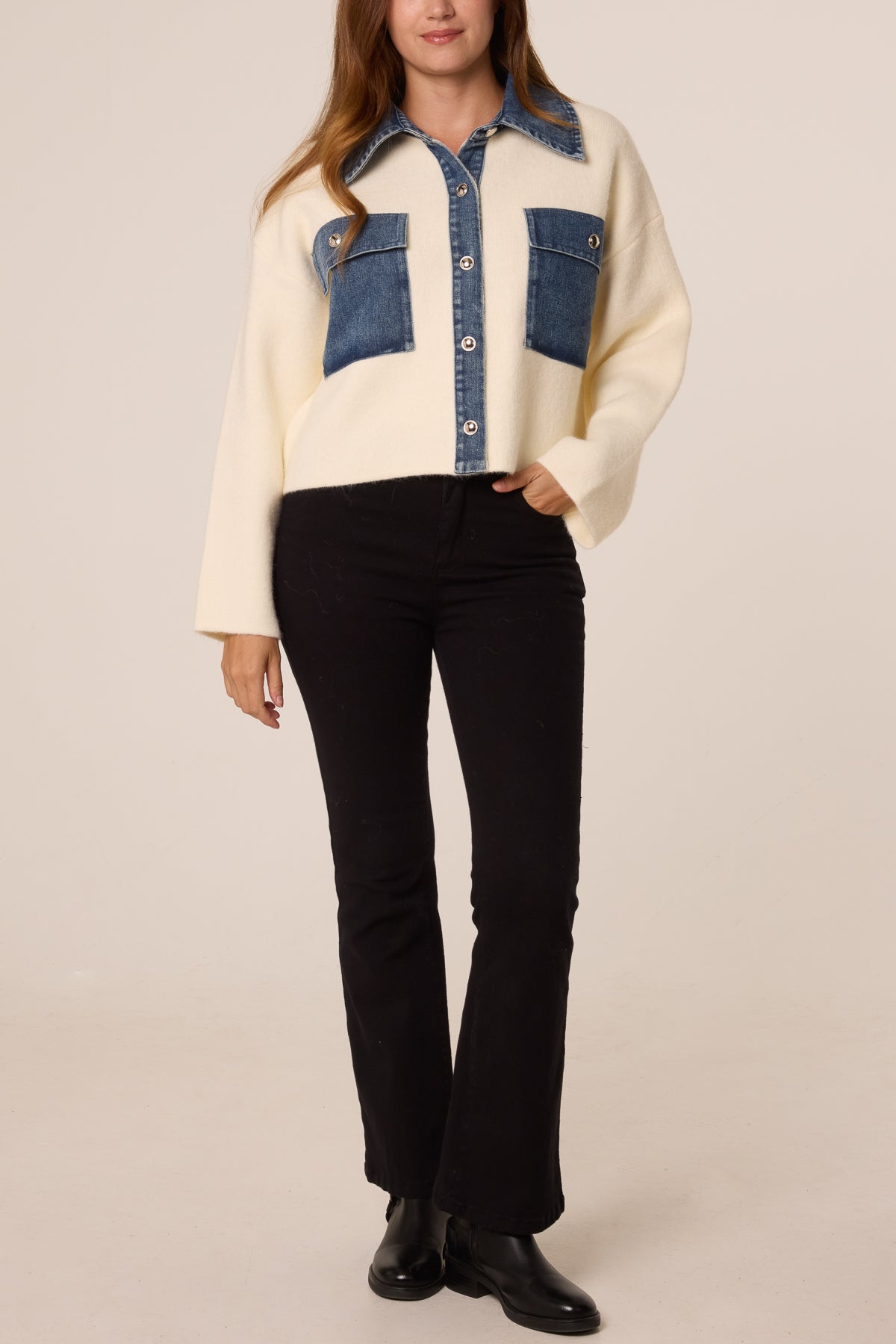 Jumper with Denim Collar and Front Pockets