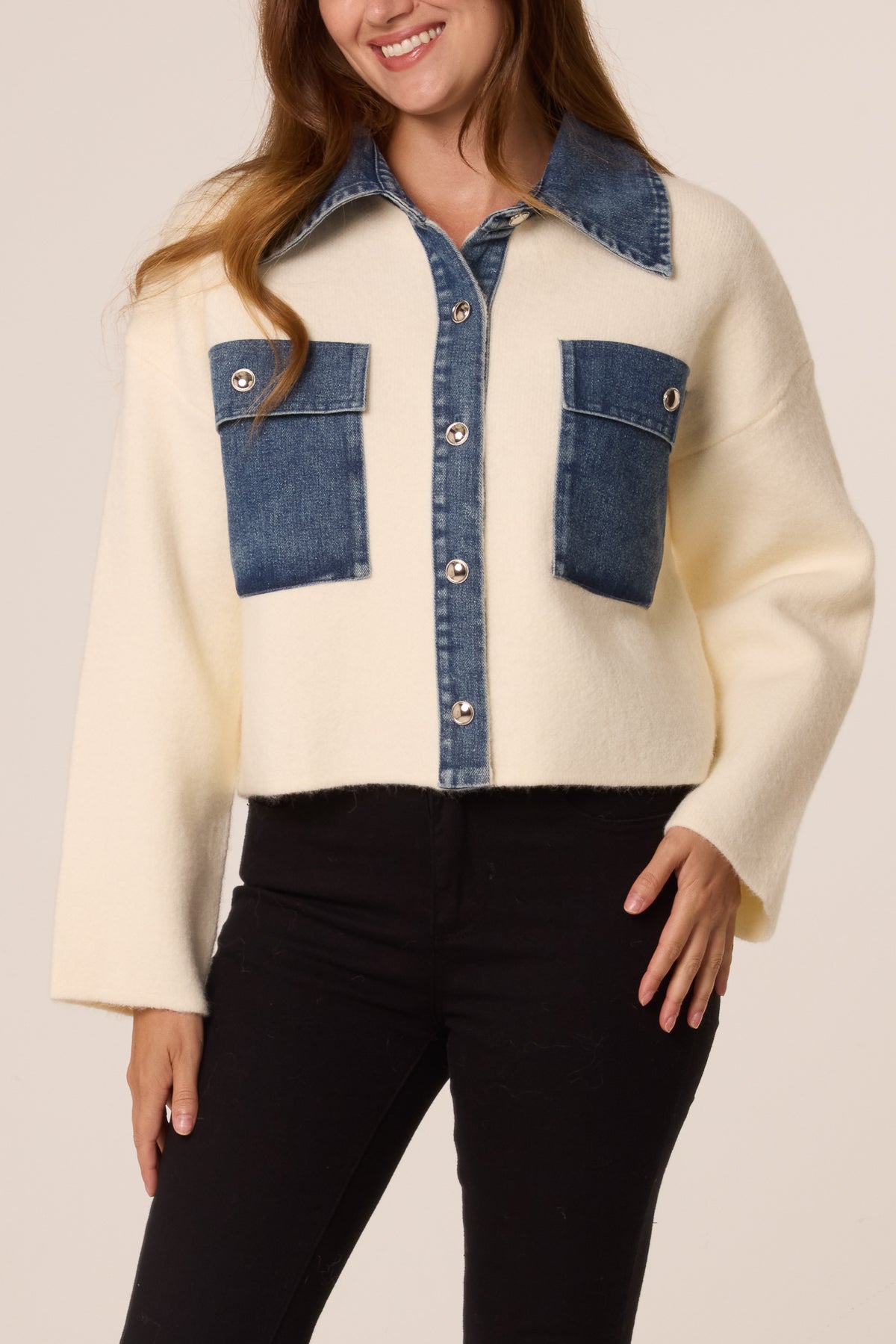 Jumper with Denim Collar and Front Pockets